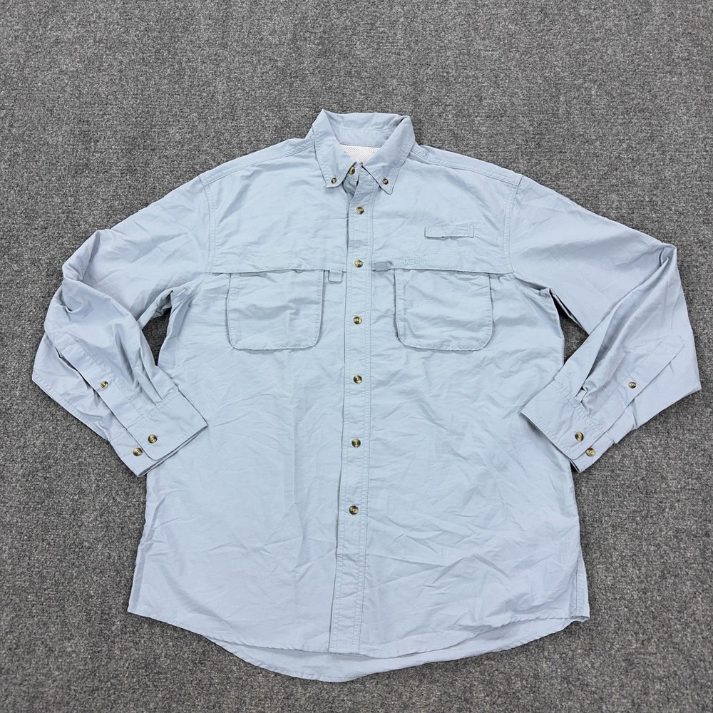 LL Bean Shirt Mens M Blue Solid Nylon Long Sleeve Fishing Vented Button Front